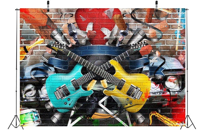 BELECO 7x5ft Fabric Rock and Roll Guitar Backdrop Graffiti Brick Wall Musical Phtography Backdrop for Party Decoration 80s 90s Birthday Banner Disco Concert Photoshoot Photo Background Props - Image 4